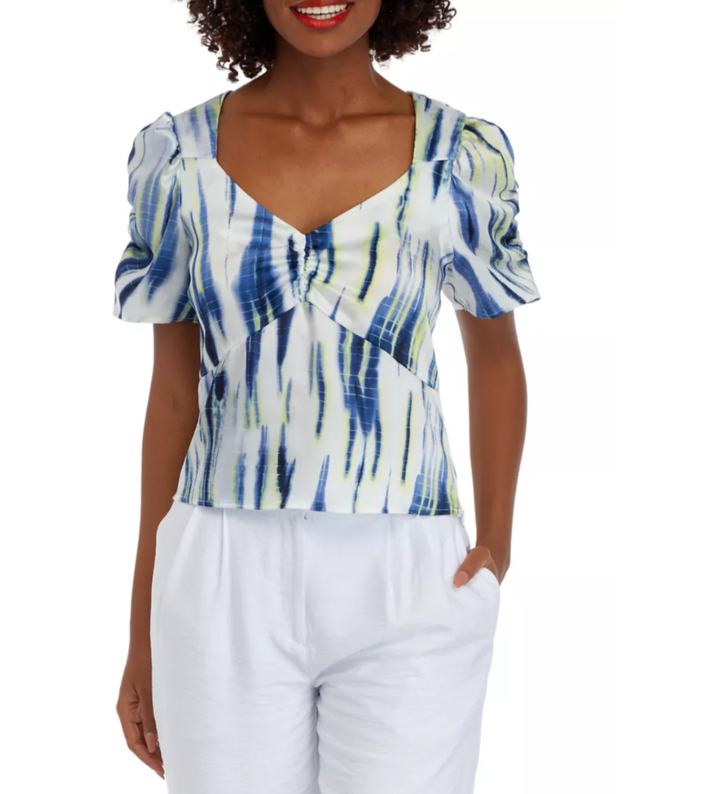 DKNY Women's Short Sleeve Ruched Tie Dye Blouse Multi Size L 1379